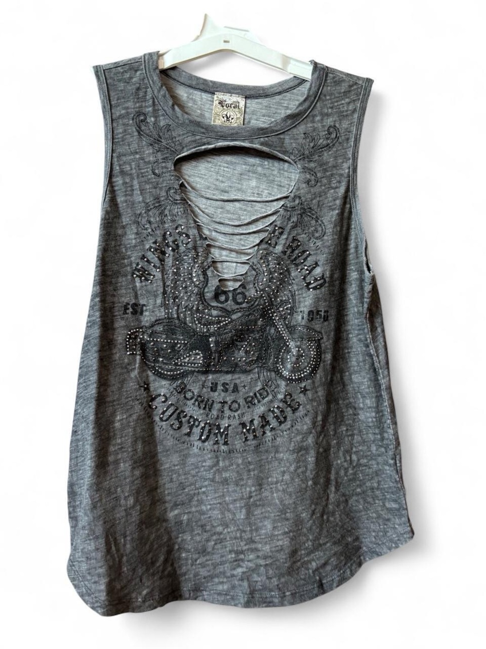 Vocal  Gray Distressed Lace-Up Rhinestone Motorcycle Tank